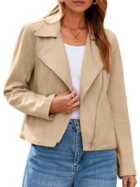 Women's Khaki Faux Suede Long Sleeve Casual Cropped Zipper Biker Winter Jackets